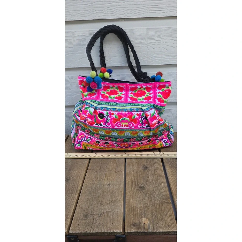 Hmong Embroidered Tote Bag Pink Floral Bird Pom Pom Bohemian Shoulder Bag Large